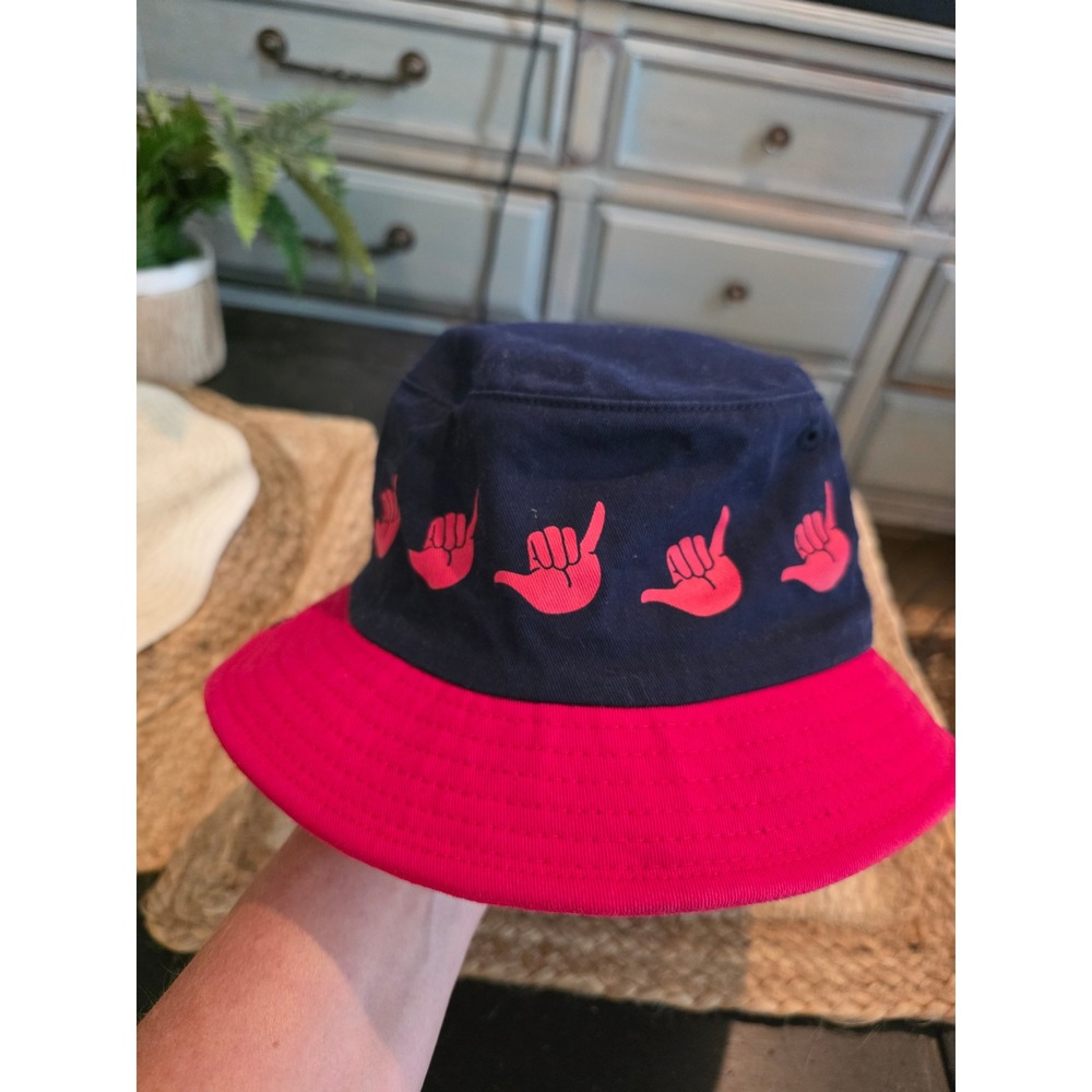 Herschel Supply Co Bucket Hat Navy Blue Pink Shaka Hand Sign Graphic Sun Hat